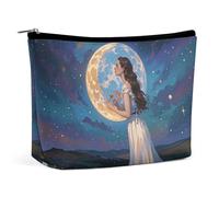 FHESDCW Friendship Under The Giant Moon Makeup Bag for Women PU Leather Waterproof Cosmetic Bag with Zipper Portable Travel Makeup Organizer