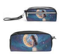 FHESDCW Friendship Under The Giant Moon Pencil Case Large Capacity with Zipper, Hanging Water Proof Cosmetic Bag for Travel, Vintage Leather Pencil Pouch for Women Men