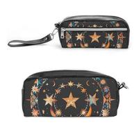 FHESDCW Gorgeous Stars And Moon Pencil Case Large Capacity with Zipper, Hanging Water Proof Cosmetic Bag for Travel, Vintage Leather Pencil Pouch for Women Men