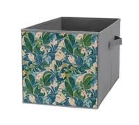 FHESDCW Green Flower Leaves Foldable Storage Box with Handles, Durable Oxford Storage Cubes, 1PCS Collapsible Closet Organizer for Home, Shelf, Office, Travel