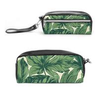FHESDCW Green Foliage Botanical Pencil Case Large Capacity with Zipper, Hanging Water Proof Cosmetic Bag for Travel, Vintage Leather Pencil Pouch for Women Men