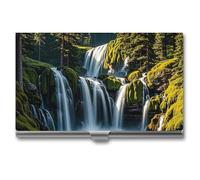 FHESDCW Green Pine Waterfall Business Card Holder for Men & Women, Professional Card Case with Buckle Style Shut, Compact And Portable Metal Case for Office Workers