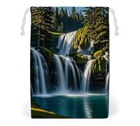 FHESDCW Green Pine Waterfall Drawstring Bag Canvas, Reusable Travel Jewelry Pouches, Washable Storage Bags for Gift, Candy, Cosmetics 12 * 18cm