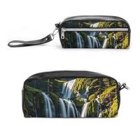 FHESDCW Green Pine Waterfall Pencil Case Large Capacity with Zipper, Hanging Water Proof Cosmetic Bag for Travel, Vintage Leather Pencil Pouch for Women Men