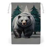 FHESDCW Grey Bear Pine Tree Silhouette Pattern Drawstring Bag Canvas, Reusable Travel Jewelry Pouches, Washable Storage Bags for Gift, Candy, Cosmetics 12 * 18cm