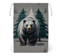 FHESDCW Grey Bear Pine Tree Silhouette Pattern Drawstring Bag Canvas, Reusable Travel Jewelry Pouches, Washable Storage Bags for Gift, Candy, Cosmetics 20 * 25cm