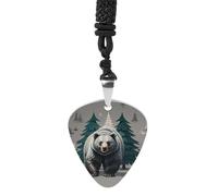 FHESDCW Grey Bear Pine Tree Silhouette Pattern Guitar Pick Necklace, Titanium Steel Guitar Pick with 23Inch Black Cord, Unique Music Jewelry Gift for Men Women