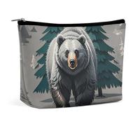 FHESDCW Grey Bear Pine Tree Silhouette Pattern Makeup Bag for Women PU Leather Waterproof Cosmetic Bag with Zipper Portable Travel Makeup Organizer