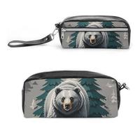 FHESDCW Grey Bear Pine Tree Silhouette Pattern Pencil Case Large Capacity with Zipper, Hanging Water Proof Cosmetic Bag for Travel, Vintage Leather Pencil Pouch for Women Men