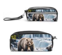 FHESDCW Grizzlies in River Falls Pencil Case Large Capacity with Zipper, Hanging Water Proof Cosmetic Bag for Travel, Vintage Leather Pencil Pouch for Women Men
