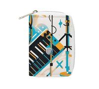 FHESDCW Hand Drawn Musical Instruments Card Holder for Men Women, Leather Credit Card Holder with 20 Card Slots Small Purse with Zipper