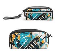 FHESDCW Hand Drawn Musical Instruments Pencil Case Large Capacity with Zipper, Hanging Water Proof Cosmetic Bag for Travel, Vintage Leather Pencil Pouch for Women Men