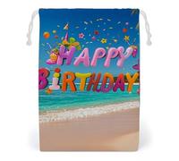 FHESDCW Happy Birthday on The Beach Drawstring Bag Canvas, Reusable Travel Jewelry Pouches, Washable Storage Bags for Gift, Candy, Cosmetics 12 * 18cm