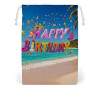 FHESDCW Happy Birthday on The Beach Drawstring Bag Canvas, Reusable Travel Jewelry Pouches, Washable Storage Bags for Gift, Candy, Cosmetics 20 * 25cm