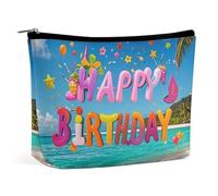FHESDCW Happy Birthday on The Beach Makeup Bag for Women PU Leather Waterproof Cosmetic Bag with Zipper Portable Travel Makeup Organizer