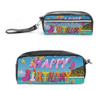 FHESDCW Happy Birthday on The Beach Pencil Case Large Capacity with Zipper, Hanging Water Proof Cosmetic Bag for Travel, Vintage Leather Pencil Pouch for Women Men