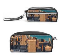 FHESDCW High Rise Buildings Skyscrapers Pencil Case Large Capacity with Zipper, Hanging Water Proof Cosmetic Bag for Travel, Vintage Leather Pencil Pouch for Women Men
