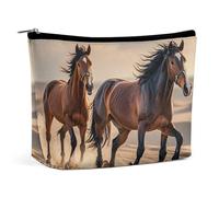 FHESDCW Horses Running in The Sand Makeup Bag for Women PU Leather Waterproof Cosmetic Bag with Zipper Portable Travel Makeup Organizer