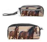 FHESDCW Horses Running in The Sand Pencil Case Large Capacity with Zipper, Hanging Water Proof Cosmetic Bag for Travel, Vintage Leather Pencil Pouch for Women Men