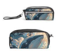 FHESDCW Illustration of A Whale Pencil Case Large Capacity with Zipper, Hanging Water Proof Cosmetic Bag for Travel, Vintage Leather Pencil Pouch for Women Men