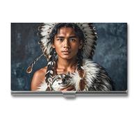 FHESDCW Indigenous People And Wolves Business Card Holder for Men & Women, Professional Card Case with Buckle Style Shut, Compact And Portable Metal Case for Office Workers, style, One Size, Classic