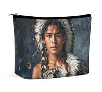 FHESDCW Indigenous People And Wolves Makeup Bag for Women PU Leather Waterproof Cosmetic Bag with Zipper Portable Travel Makeup Organizer
