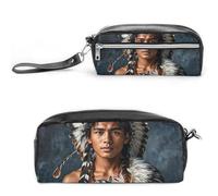 FHESDCW Indigenous People And Wolves Pencil Case Large Capacity with Zipper, Hanging Water Proof Cosmetic Bag for Travel, Vintage Leather Pencil Pouch for Women Men