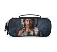 FHESDCW Indigenous People And Wolves Pencil Case with Zipper - Large Capacity, Portable Small Cosmetic Bag for Travel, Vintage PU Leather Pencil Pouch for Women Men