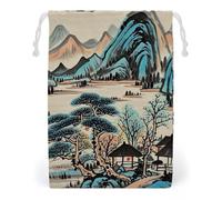 FHESDCW Ink Painting Mountain Tree Drawstring Bag Canvas, Reusable Travel Jewelry Pouches, Washable Storage Bags for Gift, Candy, Cosmetics 20 * 25cm