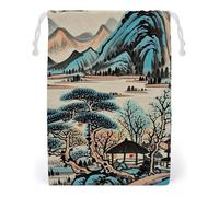 FHESDCW Ink Painting Mountain Tree Drawstring Bag Canvas, Reusable Travel Jewelry Pouches, Washable Storage Bags for Gift, Candy, Cosmetics 12 * 18cm