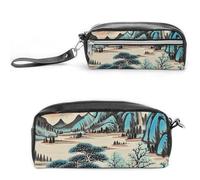 FHESDCW Ink Painting Mountain Tree Pencil Case Large Capacity with Zipper, Hanging Water Proof Cosmetic Bag for Travel, Vintage Leather Pencil Pouch for Women Men
