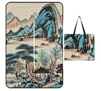 FHESDCW Ink Painting Mountain Tree Picnic Blanket with Zippered Tote Bag, Waterproof Portable Outdoor Blanket, Lightweight Foldable Outdoor Mat for Beach, Camping, Park, 150x100cm