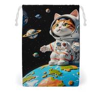 FHESDCW Interesting Astronaut Cat Drawstring Bag Canvas, Reusable Travel Jewelry Pouches, Washable Storage Bags for Gift, Candy, Cosmetics 12 * 18cm