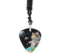 FHESDCW Interesting Astronaut Cat Guitar Pick Necklace, Titanium Steel Guitar Pick with 23Inch Black Cord, Unique Music Jewelry Gift for Men Women