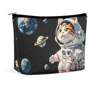 FHESDCW Interesting Astronaut Cat Makeup Bag for Women PU Leather Waterproof Cosmetic Bag with Zipper Portable Travel Makeup Organizer
