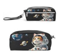 FHESDCW Interesting Astronaut Cat Pencil Case Large Capacity with Zipper, Hanging Water Proof Cosmetic Bag for Travel, Vintage Leather Pencil Pouch for Women Men