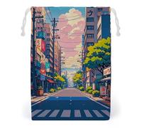 FHESDCW Japanese Streets Drawstring Bag Canvas, Reusable Travel Jewelry Pouches, Washable Storage Bags for Gift, Candy, Cosmetics 12 * 18cm