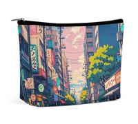 FHESDCW Japanese Streets Makeup Bag for Women PU Leather Waterproof Cosmetic Bag with Zipper Portable Travel Makeup Organizer