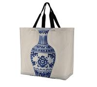 FHESDCW Large Capacity Tote Bag 15.7 Inch, Reusable Grocery Shopping Bag Chinese Blue Porcelain Vase Handbag for Beach, Travel