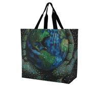FHESDCW Large Capacity Tote Bag 15.7 Inch, Reusable Grocery Shopping Bag Hands Holding The Earth Handbag for Beach, Travel