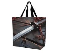 FHESDCW Large Capacity Tote Bag 15.7 Inch, Reusable Grocery Shopping Bag Japan Samurai Sword Handbag for Beach, Travel