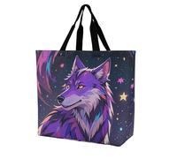 FHESDCW Large Capacity Tote Bag 15.7 Inch, Reusable Grocery Shopping Bag Purple Starry Sky Galactic Wolf Handbag for Beach, Travel