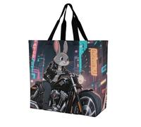 FHESDCW Large Capacity Tote Bag 15.7 Inch, Reusable Grocery Shopping Bag Rabbit Riding Motorcycles Handbag for Beach, Travel