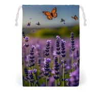 FHESDCW Lavender And Butterflies Drawstring Bag Canvas, Reusable Travel Jewelry Pouches, Washable Storage Bags for Gift, Candy, Cosmetics 12 * 18cm