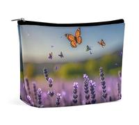 FHESDCW Lavender And Butterflies Makeup Bag for Women PU Leather Waterproof Cosmetic Bag with Zipper Portable Travel Makeup Organizer