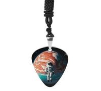 FHESDCW Lonely Astronaut Guitar Pick Necklace, Titanium Steel Guitar Pick with 23Inch Black Cord, Unique Music Jewelry Gift for Men Women