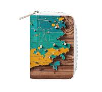 FHESDCW Map on Wooden Background Card Holder for Men Women, Leather Credit Card Holder with 20 Card Slots Small Purse with Zipper