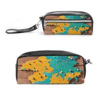 FHESDCW Map on Wooden Background Pencil Case Large Capacity with Zipper, Hanging Water Proof Cosmetic Bag for Travel, Vintage Leather Pencil Pouch for Women Men