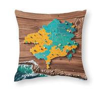 FHESDCW Map on Wooden Background Pillow Cover, Soft Pillow Covers - Hidden Zipper Closure, Standard Square 17"x17" Pillowcases, Decorative Cushion Cases for Couch, Sofa, Outdoor
