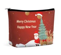 FHESDCW Merry Christmas And Happy New Year Makeup Bag for Women PU Leather Waterproof Cosmetic Bag with Zipper Portable Travel Makeup Organizer
